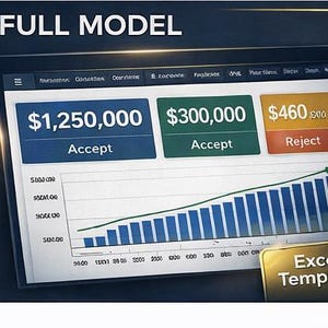 May include: A digital display showing financial data with the text "FULL MODEL" at the top. The display includes numerical values with "Accept" and "Reject" buttons, a line graph, and the text "Excel Template".