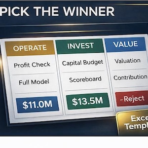 Può includere: Un grafico digitale con la scritta "PICK THE WINNER" in alto. Il grafico è diviso in tre colonne: OPERATE, INVEST e VALUE, ciascuna con termini correlati. Il grafico include anche il testo "Excel Template".