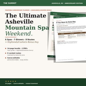 May include: A digital planner titled "The Ultimate Asheville Mountain Spa Weekend." The cover features text in green and black, with details on spas, dinners, and routes. Includes a bonus day and is Canva-editable.