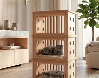 3-Tier Wooden Cat House, Minimalist Beech Wood Cat Condo, Modern Pet Furniture Tower
