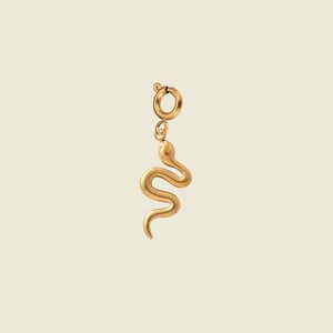 May include: A gold-coloured snake charm with a coiled body and a small loop at the top for attachment. The charm is suspended from a larger, circular clasp. The snake's head is detailed with a slight curve.