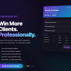 Puede incluir: Anuncio digital para un creador de propuestas. El diseño presenta un fondo oscuro con texto blanco y morado: "Gana más clientes. Profesional." Se muestra una maqueta de una propuesta, que muestra precios y alcance del trabajo.