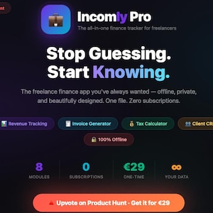 Pode incluir: Anúncio digital para Incomly Pro, um rastreador financeiro para freelancers. O design apresenta um fundo escuro com texto e ícones coloridos. O aplicativo oferece rastreamento de receita, geração de faturas e cálculo de impostos. O texto diz "Stop Guessing. Start Knowing."