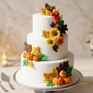 30+ handgjorda ätbara höstfondantdekorationer – solrosor, pumpor, bär och höstlöv. Födelsedagsträdgård, höst, höst, tårtdekoration med tema.