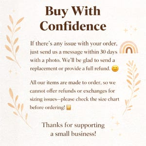 K&ouml;nnte beinhalten: Beige Grafik mit dem Text "Buy With Confidence" in Braun. Der Text erkl&auml;rt die R&uuml;ckgabebedingungen, einschlie&szlig;lich R&uuml;ckerstattungen und Ersatz. Das Bild enth&auml;lt auch dekorative florale Elemente und einen Regenbogen.