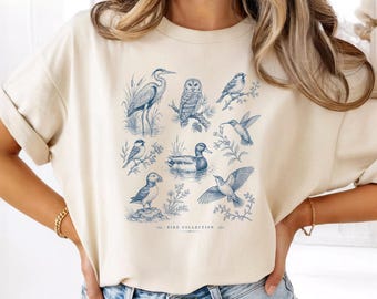 Vintage Vogel Kollektion Shirt, Vogel Liebhaber Grafik T-Shirt, Cottagecore Natur T-Shirt, Wildtier Geschenk für Frauen Männer