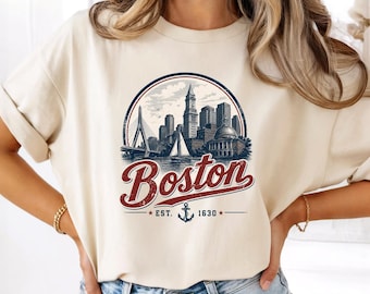 Camiseta con el horizonte de Boston, camiseta gráfica vintage de Boston, camiseta retro de la ciudad de Massachusetts, regalo de viaje a Nueva Inglaterra