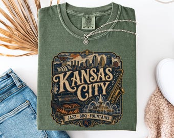 Camiseta vintage de Kansas City, camiseta retro de recuerdo de KC, camiseta gráfica de Jazz BBQ Fountains, regalo de Missouri, ropa local genial, camiseta de viaje