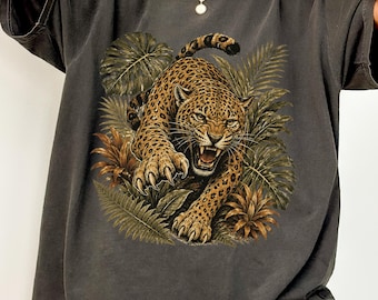Vintage Leopard Hunting Graphic Tee, Wild Big Cat Engraved Style Shirt, Retro Jungle Wildlife Aesthetic Top, Comfort Colors® Animal Gift