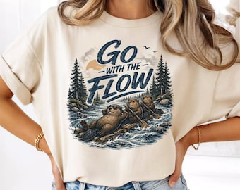 Camiseta "Go With The Flow Beaver", divertida camiseta con estampado de animales de río, camiseta de aventura en la naturaleza, regalo para acampar al aire libre.