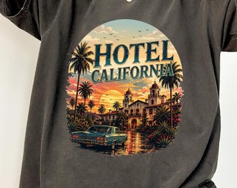 Camiseta Hotel California, camiseta vintage de música rock, top retro de atardecer en el desierto, camiseta con estampado de coche clásico, regalo para fans de la estética de la costa oeste de los 70