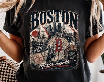 Camiseta vintage con estampado de collage de la ciudad de Boston, recuerdo del horizonte de Massachusetts.