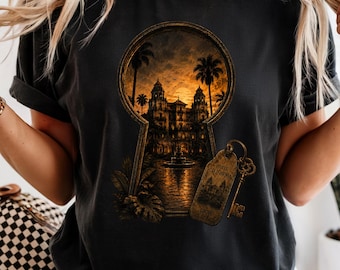 Camiseta Hotel California, camiseta gráfica vintage de 1976, camiseta retro de música rock, top de hotel del desierto con ojo de cerradura, regalo estético para viajeros de la costa oeste.