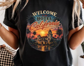 Camiseta con estampado de puesta de sol del Hotel California, camiseta vintage con estampado de palmeras y ambiente playero.