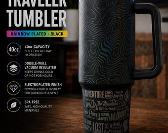 40oz PNW Travel Tumbler | Laser Engraved Rainbow Plated Black Stainless Steel Cup