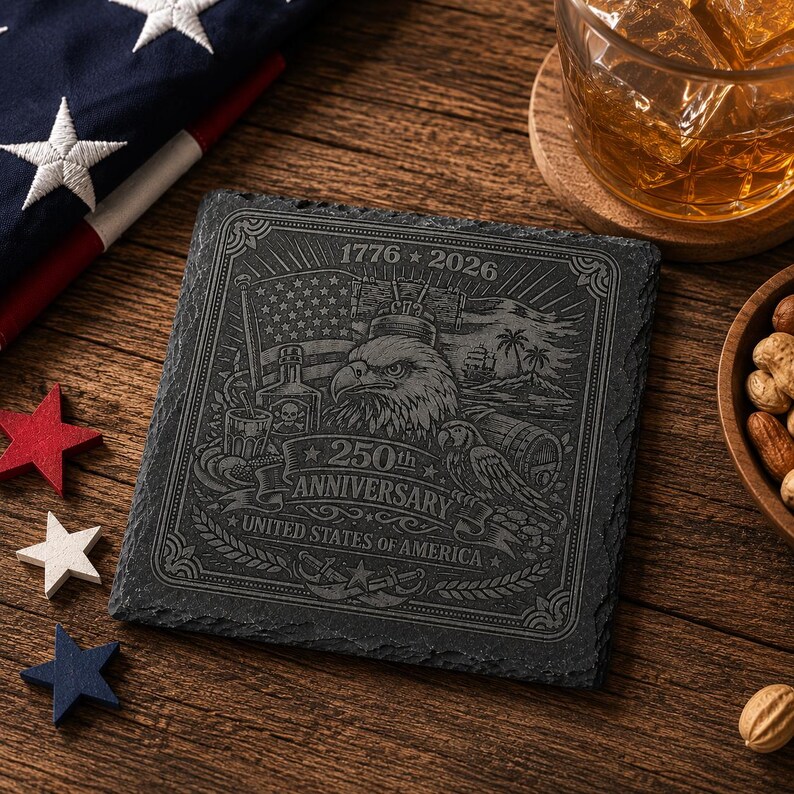 Engraved Slate Coaster with Stand | Patriotic Eagle, USA 250th Anniversary, Bar Decor bild 2