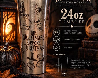 24oz Nightmare Before Christmas Engraved Tumbler | Stainless Steel Halloween Cup | Jack & Sally Inspired Tumbler