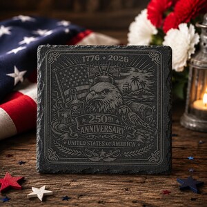 Engraved Slate Coaster with Stand | Patriotic Eagle, USA 250th Anniversary, Bar Decor bild 3