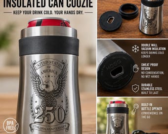 USA Eagle 250th Anniversary Can Cooler | Engraved Stainless Steel Insulated 12oz Coozie, Bottle Opener