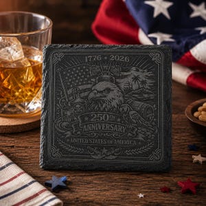 Engraved Slate Coaster with Stand | Patriotic Eagle, USA 250th Anniversary, Bar Decor bild 1