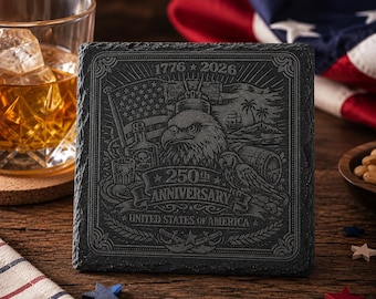 Engraved Slate Coaster with Stand | Patriotic Eagle, USA 250th Anniversary, Bar Decor