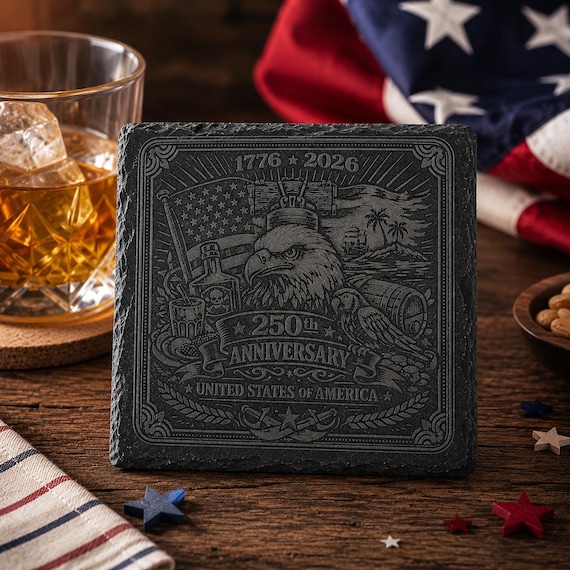 Engraved Slate Coaster with Stand | Patriotic Eagle, USA 250th Anniversary, Bar Decor
