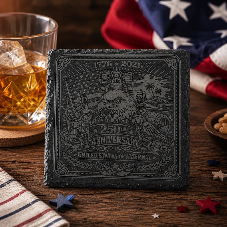 Engraved Slate Coaster with Stand | Patriotic Eagle, USA 250th Anniversary, Bar Decor bild 1