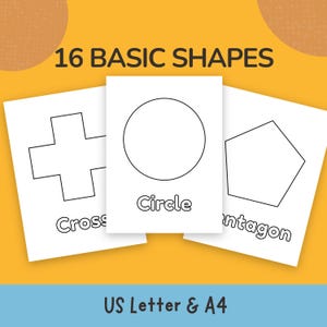 Puede incluir: Tres tarjetas blancas con contornos negros de una cruz, un círculo y un pentágono. La palabra "Circle" está escrita debajo del círculo. El texto "16 BASIC SHAPES" está en la parte superior. El texto "US Letter & A4" está en la parte inferior.