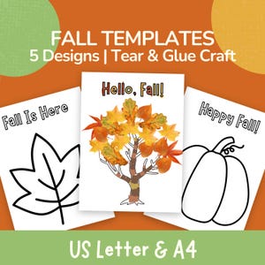 Könnte beinhalten: Ein Set mit Herbstvorlagen, das fünf Designs für Bastelarbeiten mit Abreißen und Kleben enthält. Die Seiten zeigen Texte wie Fall Templates, 5 Designs, Tear & Glue Craft, Fall Is Here, Hello, Fall! und Happy Fall! sowie Abbildungen von einem Blatt, einem Baum und einem Kürbis.