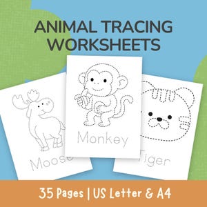 Puede incluir: Hojas de trabajo de trazado de animales con un diseño de alce, mono y tigre. Las hojas de trabajo son en blanco y negro, con líneas punteadas para trazar. El texto "ANIMAL TRACING WORKSHEETS" está en la parte superior. El texto inferior dice "35 páginas | US Letter & A4".