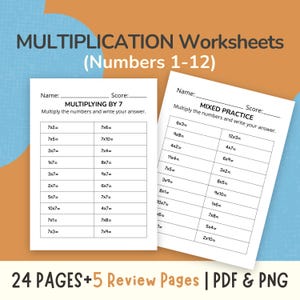Puede incluir: Dos hojas de trabajo de multiplicación blancas con texto negro. Una hoja de trabajo se titula "MULTIPLYING BY 7" y la otra "MIXED PRACTICE". Las hojas de trabajo son para los números 1-12. La parte inferior de la imagen dice "24 PAGES+5 Review Pages | PDF & PNG".