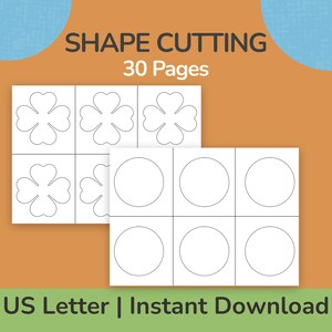 May include: A digital document titled SHAPE CUTTING 30 Pages featuring white sheets with black dotted outlines of clover and circle shapes arranged in grids. The bottom text reads US Letter | Instant Download on a light green background.