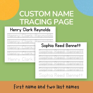 Puede incluir: Dos páginas blancas de trazado de nombres personalizados con los nombres "Henry Clark Reynolds" y "Sophia Reed Bennett" impresos en negro. Las páginas están diseñadas para practicar la escritura a mano. El texto "CUSTOM NAME TRACING PAGE" está en la parte superior.