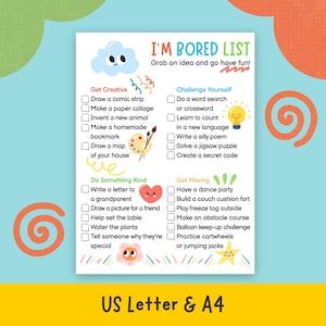 May include: A white activity sheet titled I'M BORED LIST with the subtitle Grab an idea and go have fun. It features four categories: Get Creative, Challenge Yourself, Do Something Kind, and Get Moving, each with checkboxes and colorful illustrations.