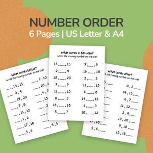 May include: Educational worksheets for number order practice. The worksheets include fill-in-the-blank questions for numbers before, between, and after. The title "NUMBER ORDER" is displayed in large, bold text. The worksheets are US Letter and A4 size.
