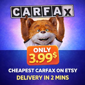 Pode incluir: Um personagem de raposa de desenho animado segurando uma placa que diz "CARFAX" acima de sua cabeça. A imagem tem uma etiqueta de preço laranja que diz "ONLY 3.99$". O texto "CHEAPEST CARFAX ON ETSY DELIVERY IN 2 MINS" está na parte inferior.