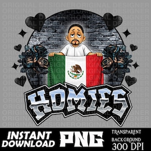Op de afbeelding: Een digitale afbeelding met een stripfiguur met een sikje die een Mexicaanse vlag vasthoudt voor een donkere bakstenen muur. Het ontwerp bevat zwarte harten, stervormen en donkere rozen. Het woord HOMIES is geschreven in een metallic zilveren lettertype.