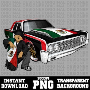 Op de afbeelding: Digitale illustratie van een klassieke zwarte auto met rode en groene accenten, en een Mexicaans vlagontwerp op de motorkap. Een persoon in een afstudeer toga en met een Mexicaanse vlag staat op de voorgrond. De tekst "INSTANT DOWNLOAD PNG TRANSPARENT BACKGROUND" is inbegrepen.