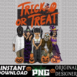 Peut inclure: Un graphique numérique avec le texte orange Trick or Treat au-dessus de cinq personnages en costumes d'Halloween, incluant une personne masquée, des sorcières, un personnage à oreilles de chat et un crâne en sucre, avec des citrouilles.