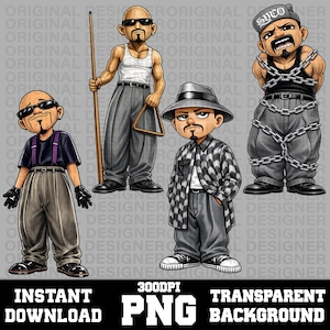 Peut inclure: Une illustration numérique représentant quatre personnages de dessin animé en tenue urbaine. L'un porte une chemise noire avec des bretelles violettes, un autre un débardeur blanc avec une queue de billard, un troisième une chemise à motifs et un fedora.