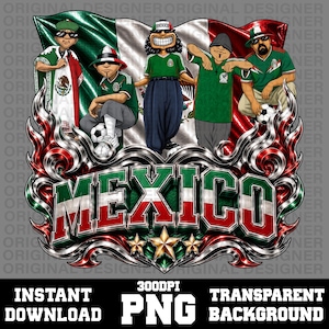 Op de afbeelding: Een grafische illustratie met vier stripfiguren voor een Mexicaanse vlag. Het woord MEXICO staat onderaan in grote, metalen letters in de kleuren van de vlag, geaccentueerd door drie gouden sterren en zilverkleurige krulornamenten.