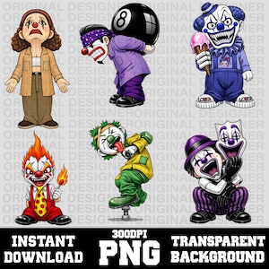 Peut inclure: Illustration numérique de six clowns de dessins animés dans diverses poses. Un clown porte une boule numéro 8, un autre tient une glace, et d'autres affichent des masques de clown ou des allumettes. Le texte "INSTANT DOWNLOAD PNG TRANSPARENT BACKGROUND" est inclus.