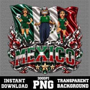 Op de afbeelding: Een grafische illustratie met drie stripfiguren in groen-witte voetbaltenues voor een grote Mexicaanse vlag. Het woord MEXICO staat in dikke, metalen letters in de kleuren van de vlag boven drie gouden sterren.