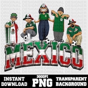 Op de afbeelding: Een grafische illustratie met vier stripfiguren in groen, wit en rode kleding, met voetballen aan hun voeten, boven het woord MEXICO in grote, dikke, metalen letters in de kleuren van de Mexicaanse vlag.