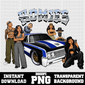 Peut inclure: Une illustration numérique présentant le mot HOMIES dans une police métallique au-dessus d'une voiture classique avec un capot bleu et blanc. Cinq personnages divers sont positionnés autour du véhicule, incluant une personne torse nu.