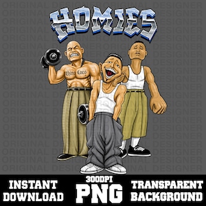 Peut inclure: Une illustration numérique représentant trois personnages de dessin animé avec le texte HOMIES en haut. Un personnage soulève un haltère, un autre rit les mains dans les poches, et le troisième se tient derrière. Ils portent des débardeurs et des pantalons larges.