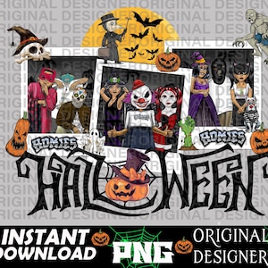Peut inclure: Un design graphique numérique présentant un collage de personnages sur le thème d'Halloween, incluant un médecin de peste, un clown et diverses figures costumées dans des cadres photo. Le texte indique HOMIES HALLOWEEN, INSTANT DOWNLOAD, ORIGINAL DESIGNER.