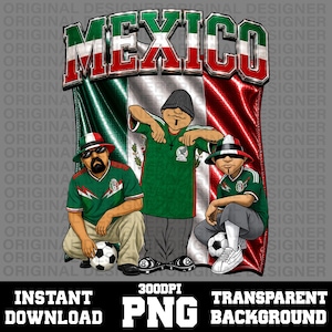 Op de afbeelding: Een grafische illustratie met het woord MEXICO in dikke, metalen letters tegen een achtergrond van de Mexicaanse vlag. Drie figuren dragen groene shirts met het Mexicaanse embleem, hoeden en vrijetijdskleding, met voetballen in de afbeelding.