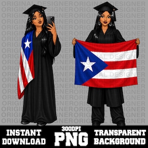 Op de afbeelding: Illustratie van twee afgestudeerden in zwarte toga's en mortierborden. Eén maakt een selfie met een telefoon, met een sjerp met de vlag van Puerto Rico. De ander houdt een Puerto Ricaanse vlag vast. De tekst "INSTANT DOWNLOAD PNG TRANSPARENT BACKGROUND" is inbegrepen.