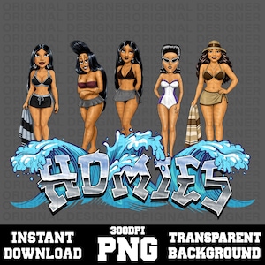 Peut inclure: Une illustration numérique montrant cinq personnages de dessin animé en maillot de bain au-dessus d'une grande vague bleue stylisée avec le texte métallique "HOMIES". Les personnages portent divers hauts et bas de bikini.